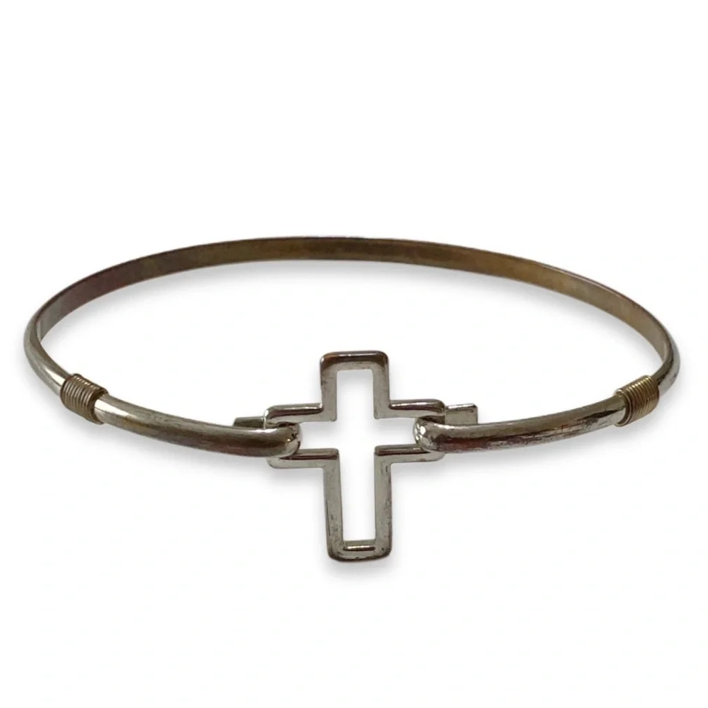 Vintage Bohemian Cross Distressed Silver Metal Latch Adjustable Bangle Bracelet